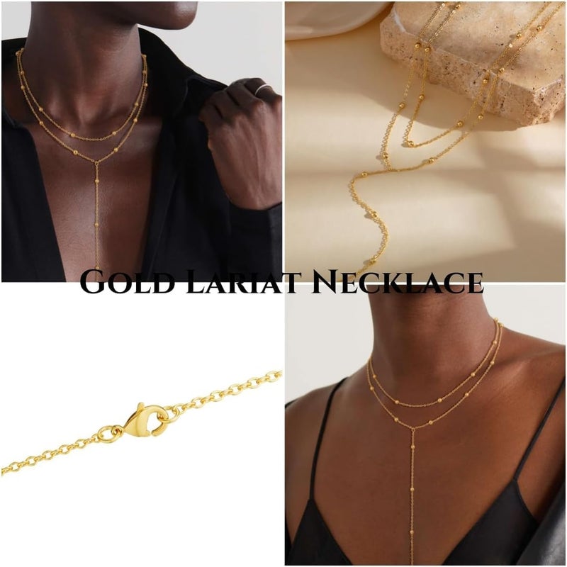Funsanny Store Lariat Necklaces for Women - Dainty Long Necklace Trendy 14K Gold Plated Hypoallergenic Layered Long Y-Shape Sunburst CZ T-Bar Pendant Drop Chain Necklace Set for Women Non Tarinsh Jewelry - Image 3